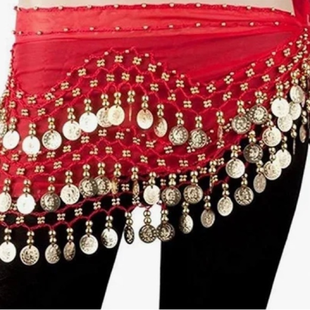 ✨FREE w/ $25 Purchase! Red Belly Dance Hip Scarf with Gold Coins costume